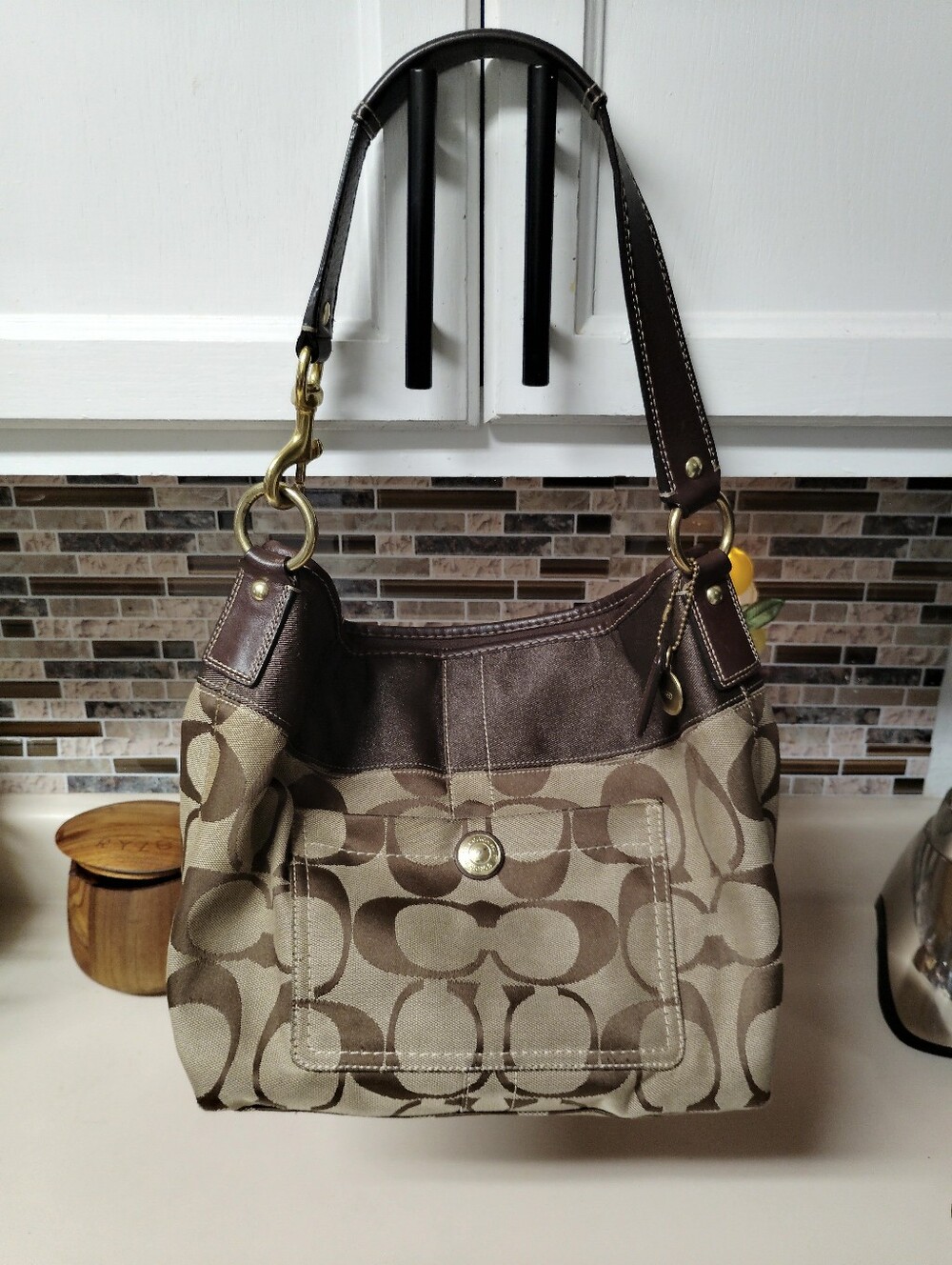 Vintage Coach Brown Signature Canvas Shoulder Bag with Dark Brown Leather Trim